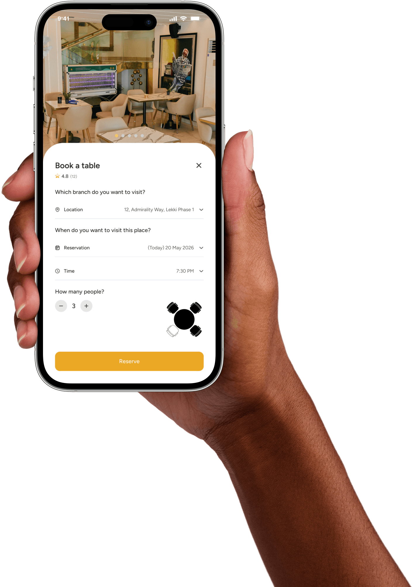 Booking a table at Foodies on the mobile app