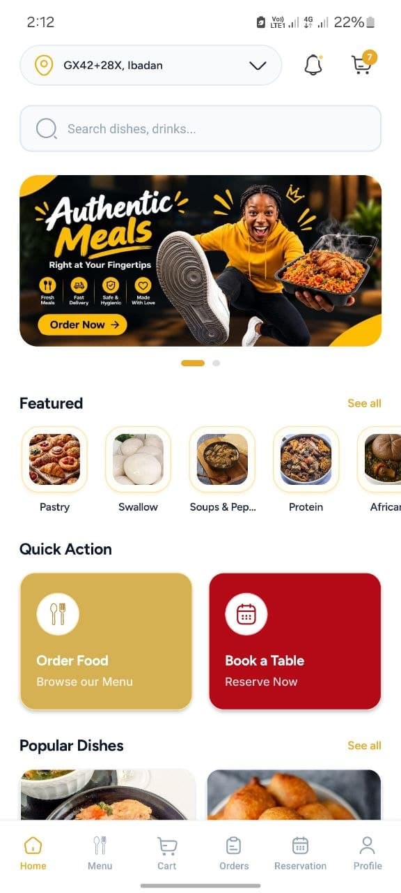 Foodies home screen with featured dishes