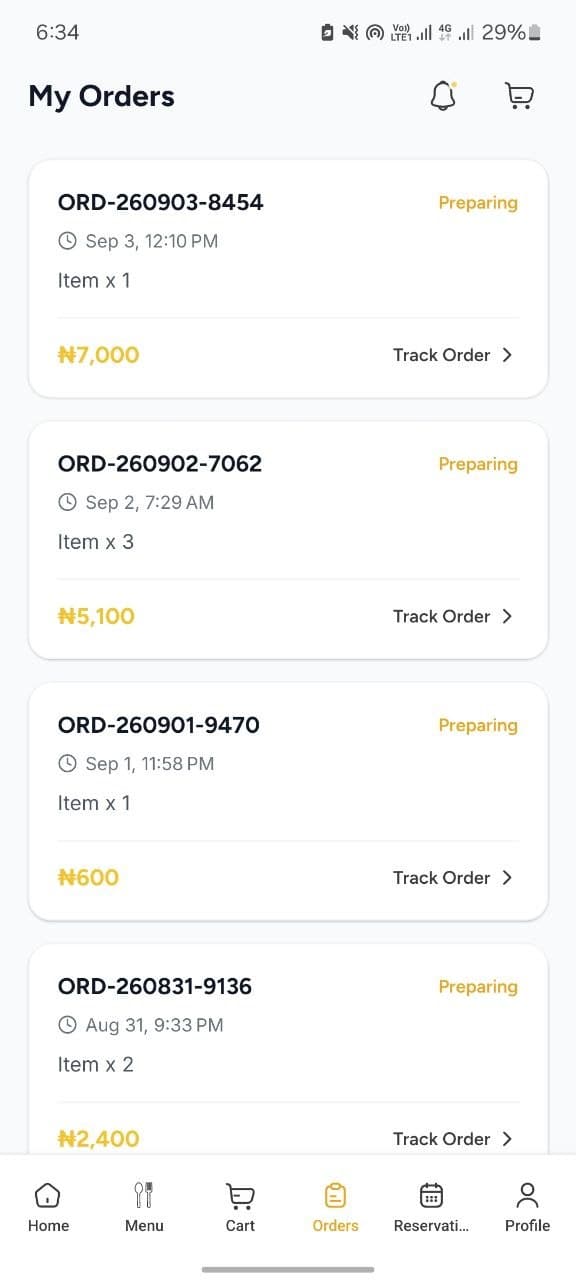 Foodies app orders screen